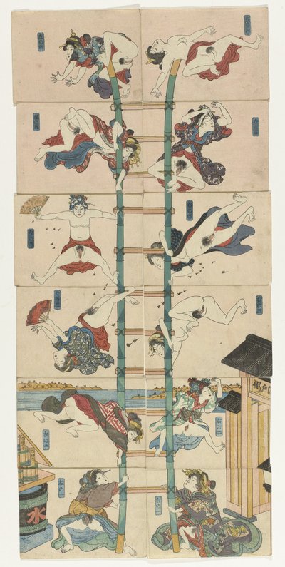 Tizenkét koban Shunga sorozat prostituáltakkal akrobatikus tűzoltók szerepében alkotó: Utagawa Kuniyoshi