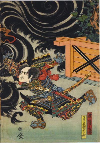 Lap egy színes fatömbnyomatú triptichonról, Minamoto no Yorimasa ábrázolásával, Ii Hayata és Watanabe Choshichi segítségével, lelövi a nue-t Konoe császár palotájának tetejéről: Japán, Edo, Utagawa Kuniyoshi, c. 1820-1825 alkotó: Utagawa Kuniyoshi