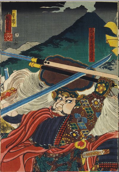 Lap egy színes fatömbnyomatú triptichonról, Kawanakajima kassen (Kawanakajima csata) címmel, amely a két vezető, Uesugi Kenshin (balra) és Takeda Shingen személyes találkozásának közeli képét ábrázolja: Japán, Edo, Utagawa Kuniyoshi alkotó: Utagawa Kuniyoshi