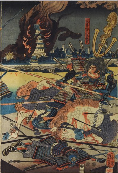 Shinshū Odai kassen no zu (Odai csata Shinano tartományban) című színes fatömbnyomatú triptichon lapja, amely Odai Akarokurō Yorisada lándzsát ábrázol, amint három emberrel lándzsázik, miközben a háttérben ég a kastélya: Japán, Edo, Utagawa Kuniyoshi alkotó: Utagawa Kuniyoshi