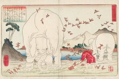 Taishun, aki elefántok és egy verebcsapat segítségével kapál egy mezőt, Ichiyusai Kuniyoshi ga, 1843 körül (színes fatömbnyomat) alkotó: Utagawa Kuniyoshi