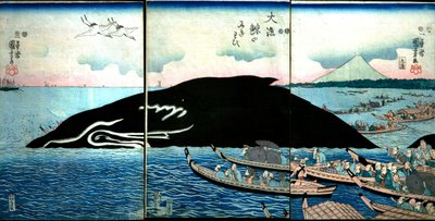 Emberek tömege egy elfogott bálna körül alkotó: Utagawa Kuniyoshi