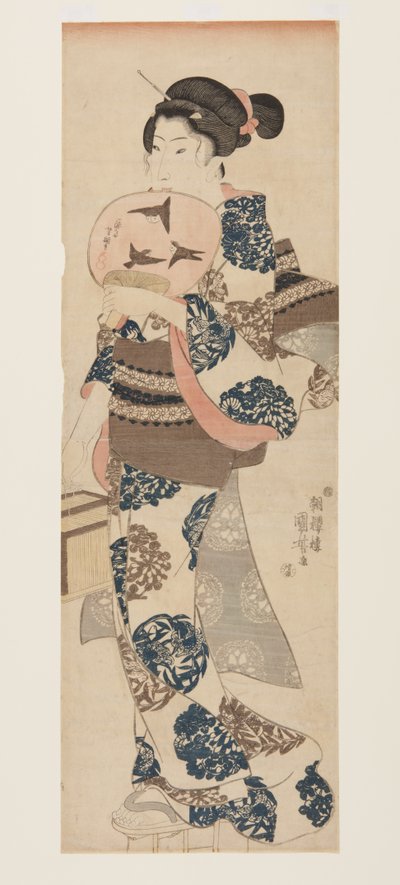 Nő legyezővel és rovarketreccel (színes fatömbmintás) alkotó: Utagawa Kuniyoshi