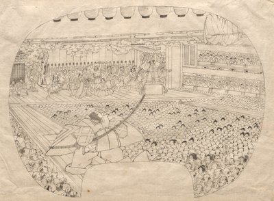 Tervezés a Kabuki Színház legyező alakú nyomatához alkotó: Utagawa Sadahide