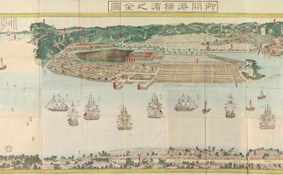 Panorámás kilátás Yokohamára, 1860 körül. alkotó: Utagawa Sadahide