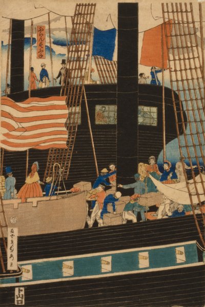 Nyugati kereskedők rakományt Yokohamában, 1861 alkotó: Utagawa Sadahide