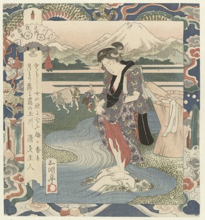 Nő ruhát mos a folyóban A Chôbû folyó Musashiban, a negyedik Musashi – sono yon (cím a tárgyon) The Six Jewel Rivers (sorozat címe) Mutamagawa no uchi (sorozat címe az objektumon) alkotó: Utagawa Sadakage