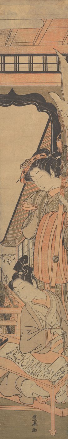 Egy szépség, aki lenéz egy szerelmeslevelet olvasó fiatalemberre, kb. 1771. alkotó: Utagawa Toyoharu