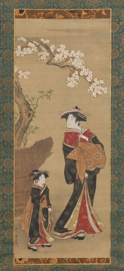 Courtesan és kísérője egy cseresznyefa alatt, 19. század eleje. alkotó: Utagawa Toyoharu