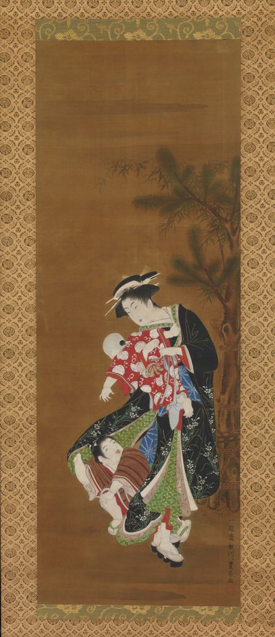 Anya és gyermekei újévkor, 18. század. alkotó: Utagawa Toyoharu