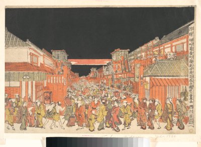Perspektivikus nyomat (Uki-e) a Sakaichō és Fukiyachō színházairól a nyitó estén alkotó: Utagawa Toyoharu