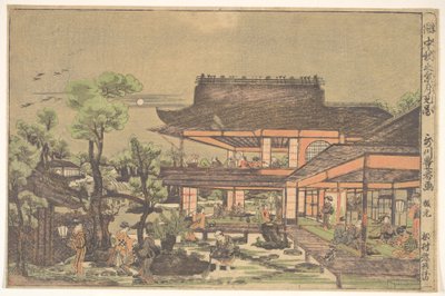 Teaház; jelenet címe: „Holdnézés ősz derekán” alkotó: Utagawa Toyoharu