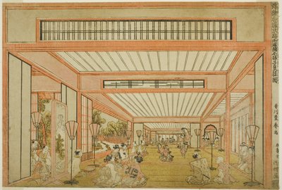 Kilátás a fogadószobákra Japánban – Szórakozás a Patkány napján modern stílusban (Uki-e wakoku keiseki ozashiki imayo ne no hi no asobi no zu) alkotó: Utagawa Toyoharu