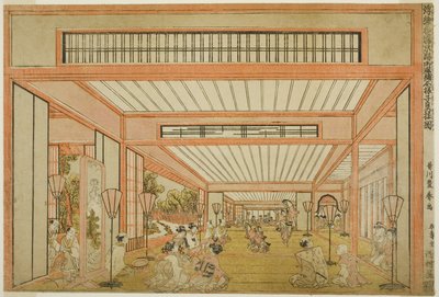 Kilátás a fogadószobákra Japánban – Szórakozás a Patkány Napján modern stílusban, 1771-76 körül alkotó: Utagawa Toyoharu