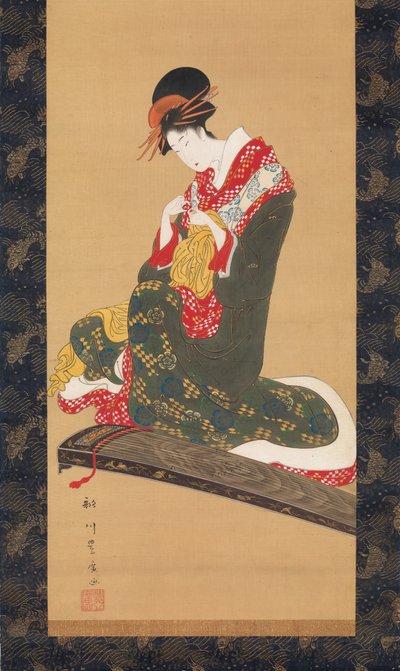 A nő, aki az ujjal placrums -ot helyezi a Koto játékához, a 19. század elején. alkotó: Utagawa Toyohiro