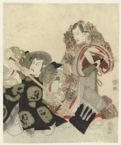 Ichikawa Danjûrô VII Yoshimune no Munesadaként rajongóval és Ichikawa Omezô Sekibei szerepében baltával alkotó: Utagawa Toyokuni (I)