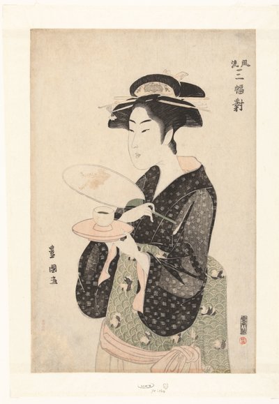 Okita pincérnő portréja. Elegáns szépségek triptichonja Furyu sampukutsui (cím a tárgyon) alkotó: Utagawa Toyokuni (I)