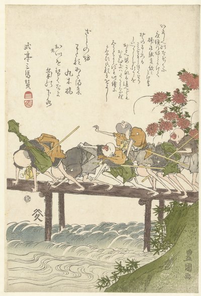 Hat vak masszőr egy hídon. alkotó: Utagawa Toyokuni (I)