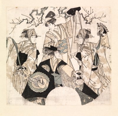 Színészek, akik a négy Onnagata színpadi táncát adják elő, 1800-2005 körül (színes fametszet) alkotó: Utagawa Toyokuni