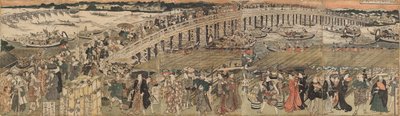 Lehűlés az edói Ryōgoku hídnál, egy pentaptichon alkotó: Utagawa Toyokuni