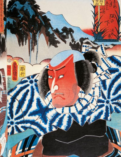 Egy dühtől vörös arcú kabuki színházi színész portréja, Utagawa Toyokuni (1769-1825) ukiyo-e művészeti lenyomata, fametszet, japán civilizáció, Edo-korszak alkotó: Utagawa Toyokuni