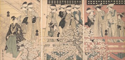 Szépségek a verandán cseresznyevirágok között, ahonnan szamuráj indul, kb. 1800. alkotó: Utagawa Toyokuni I