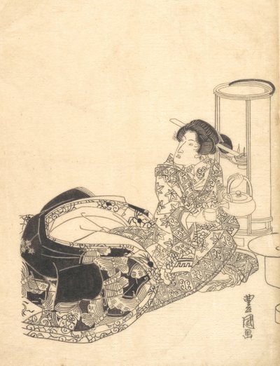 Courtesan vagy színész, mint udvarhölgy teát öntő lámpás fényénél. alkotó: Utagawa Toyokuni I