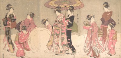 Az udvarhölgyek és kísérők óriási hógolyót készítenek, kb. 1796. alkotó: Utagawa Toyokuni I