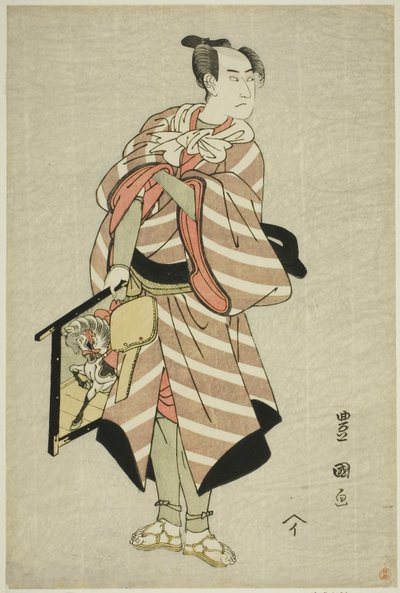 A színész, Sawamura Sojuro III, mint a teherhordó, Muchizo a "Miyamairi Musubi no Kamigaki" című darabban, amelyet a Kiri Színházban mutattak be 1797. tizenegyedik hónapjában. alkotó: Utagawa Toyokuni I