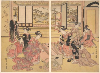 Két fiatal nő játszik egy Sugoroku játékot. alkotó: Utagawa Toyokuni I