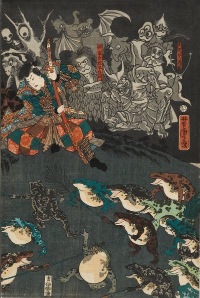 Nikushi, a békaszellem varázslatos békacsatát idéz elő Tateyamában, Etchu tartományban, 1864 alkotó: Utagawa Yoshitora