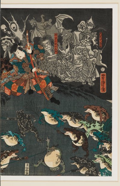 Nikushi, a békaszellem varázslatos békacsatát varázsol az Etchū tartománybeli Tateyamában alkotó: Utagawa Yoshitora