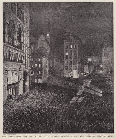 Newspaper Row, New York City, az amerikai elnökválasztás éjszakáján, 1892. november 8-án (litho) alkotó: V. Perard