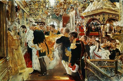 II. Miklós orosz császár (cár) koronázása 1894-ben Valentin Szerov által (január 19. alkotó: Valentin Aleksandrovich Serov