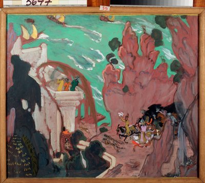 Függönykészlet Nicholas (Nikolaj) Rimszkij Korszakov (Rimszkij-Korszakov) (1844-1908) "Sheherazade" (Scheherazade) balettjéhez. Valentin Alekszandrovics Szerov (1865-1911) munkája, tempera sur karton alkotó: Valentin Aleksandrovich Serov