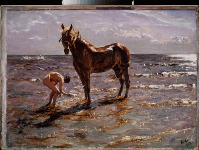 A ló fürdője. (Meztelen fiatalember lovat fröcsköl, másik két alak kiszalad a tengerre). Valentin Alekszandrovics Szerov (1865-1911) festménye, olaj, vászon alkotó: Valentin Aleksandrovich Serov