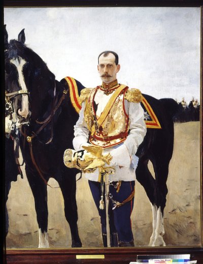 Alekszandrovics Pál orosz nagyherceg (1860-1919) portréja. (Pál Alekszandrovics orosz nagyherceg arcképe). Az orosz birodalmi hadsereg lovasságának tisztjének egyenruhájában, a lova közelében. Valentin Alekszandrovics Szerov festménye ( alkotó: Valentin Aleksandrovich Serov