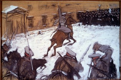 Vörös Vasárnap (Véres Vasárnap) Szentpéterváron: „” Katonai elnyomás az 1905-ös szentpétervári tüntetések alatt”” II. Miklós cár lovassága vádat emel a Téli Palota elé békésen tiltakozó grevisták ellen 22. 01/1905 alkotó: Valentin Aleksandrovich Serov