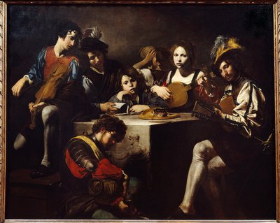 Az alacsony megkönnyebbülés koncert. A zenészek egy faragott oltár körül gyűltek össze. Valentin de Boulogne (1591-1632) festménye. Homályos. 1,73 X 2,14 m. alkotó: Valentin de Boulogne