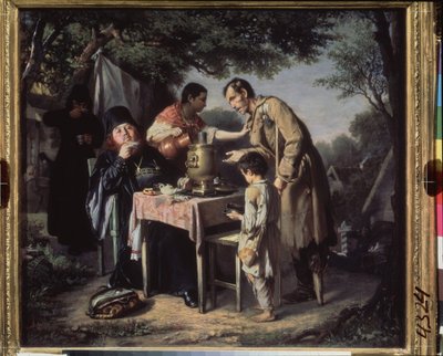 Teát iszik Mytishchiben (Mytischi), Moszkva közelében. (Ortodox szerzetesek teát isznak a kertben, nyomorék és nyomorgó gyerek koldul, egy szolgálólány ellökte magától.) Vaszilij (Vaszilij) Grigorjevics Perov (1834-1882) festménye, olaj, vászon alkotó: Vasili Grigorevich Perov