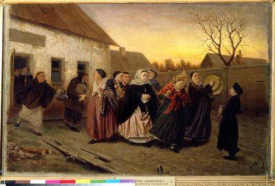 Orosz szokás: a házból kilépő nők táncoló és éneklő felvonulása az esküvő előestéjén (Esküvő estéje a fürdőházban). Vaszilij (Vaszilij) Grigorjevics Perov (1834-1882) festménye alkotó: Vasili Grigorevich Perov