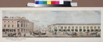 La bibliotheque publique imperiale (panorama de la perspektíva Nevski) - A császári nyilvános könyvtár (A Nyevszkij sugárút panorámájából), Szadovnyikov, Vaszilij Szemjonovics (1800-1879). Litográfia, akvarell alkotó: Vasili Semenovich Sadovnikov