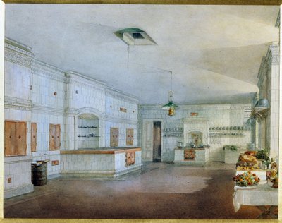 A Jusupov-palota (Moika-palota) konyhája Szentpéterváron. (A konyha a szentpétervári Jusupov-palotában). Vaszilij Szemjonovics Szadovnyikov (1800-1879) munkája, akvarell papíron. 19. századi orosz művészet. Állami Orosz Múzeum, Saint Pe alkotó: Vasili Semenovich Sadovnikov