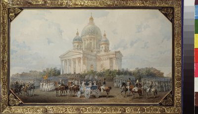 Felvonulás a szentpétervári Szent Izsák-székesegyház előtt. Vaszilij Szemjonovics Szadovnyikov (1800-1879) munkája, akvarell papíron alkotó: Vasili Semenovich Sadovnikov