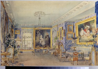 Nappali a Verki Kastélyban. Vaszilij Szemjonovics Szadovnyikov (1800-1879) munkája, akvarell papíron alkotó: Vasili Semenovich Sadovnikov