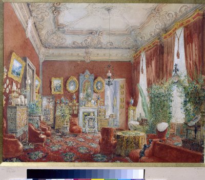 A Jusupov-palota (Moika-palota) családi nappalija Szentpéterváron. (A családi nappali a szentpétervári Jusupov-palotában). Vaszilij Szemjonovics Szadovnyikov (1800-1879) munkája, akvarell papíron. orosz művészet alkotó: Vasili Semenovich Sadovnikov