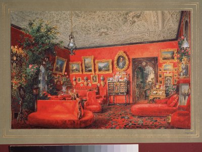 A vörös nappali a Jusupov-palotában Szentpéterváron. Vaszilij Szemjonovics Szadovnyikov (1800-1879) munkája, akvarell papíron. orosz művészet alkotó: Vasili Semenovich Sadovnikov
