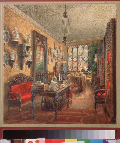 Az iroda a Jusupov-palotában (Moika-palota) Szentpéterváron. Vaszilij Szemjonovics Szadovnyikov (1800-1879) munkája, akvarell papíron, orosz művészet alkotó: Vasili Semenovich Sadovnikov