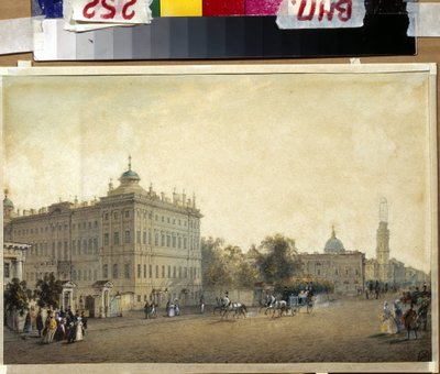 Szentpétervár. Az Anichkov-palota. (Szentpétervár. Az Anicskov-palota). Vaszilij Szemjonovics Szadovnyikov (1800-1879) munkája, akvarell, papír, 1830 körül. Orosz művészet alkotó: Vasili Semenovich Sadovnikov