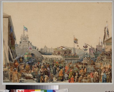 Vásári stand az Admiralitás téren, Szentpéterváron. Vaszilij Szemjonovics Szadovnyikov (1800-1879) munkája, akvarell papíron alkotó: Vasili Semenovich Sadovnikov